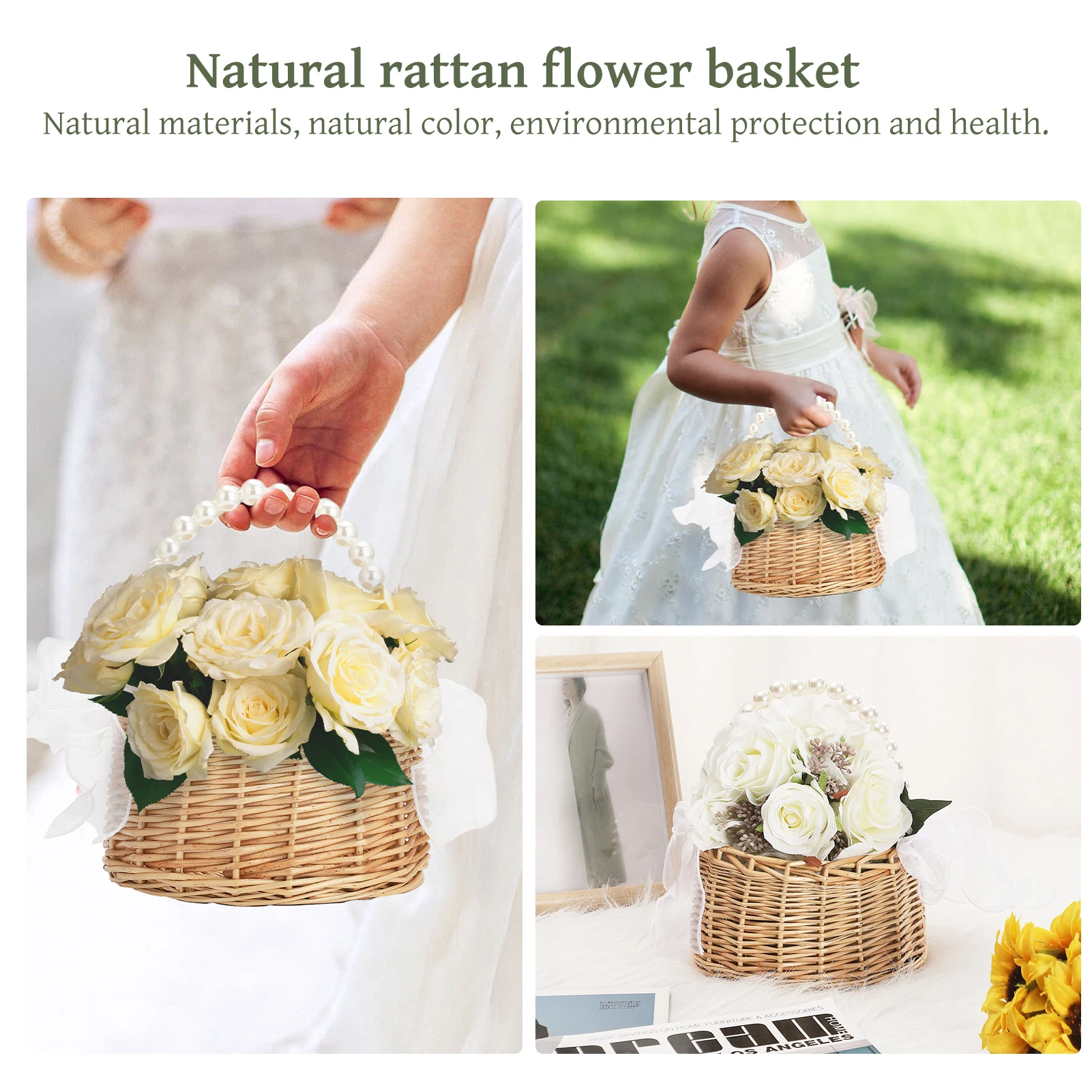 Pearl Princess Woven Flower Basket Rattan Storage Basket Flower Girl Hand Basket Handmade Flower Basket For Home Wedding Decor