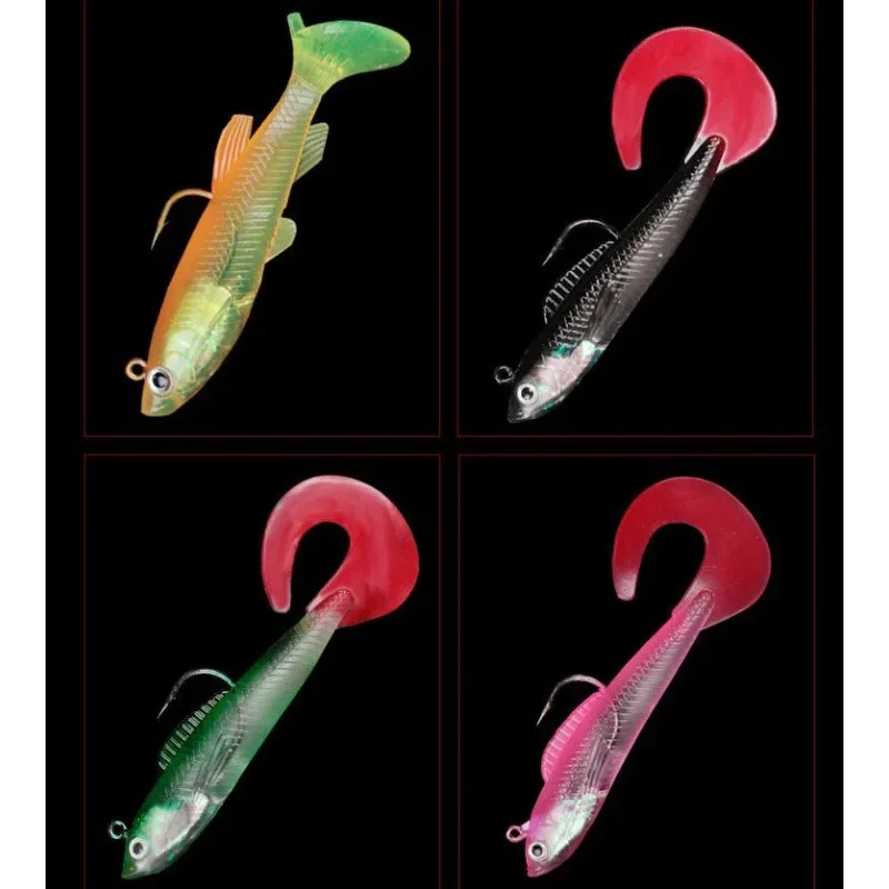 10 señuelos de pesca con cola en T, ojos 3D, pesas, multicolor, anzuelo simple, triple anclaje, cebo blando para pesca