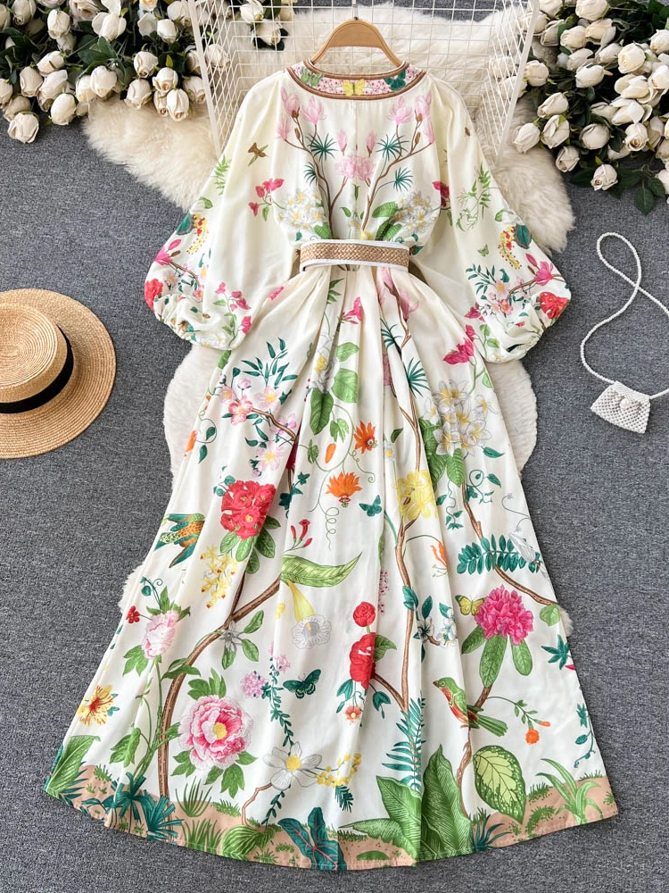 2024 Bohemian Maxi All Match Dresses for Women Chic Vintage Flower Robe Femme V Neck Single Breasted Belt Temperament Dress WJ