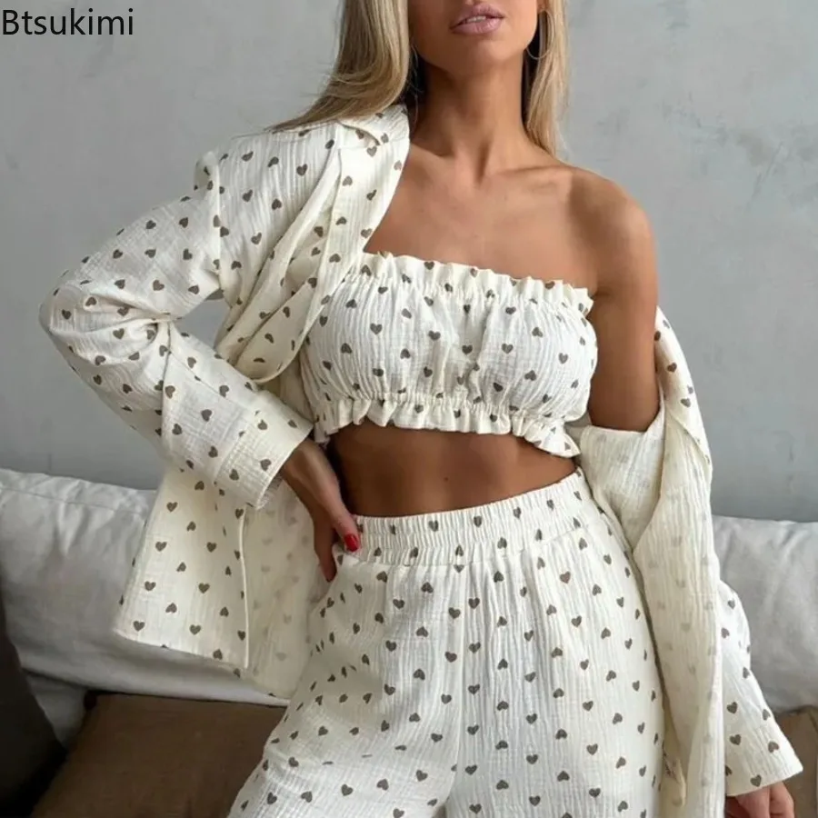 

New 2025 Women's Three-piece Pajama Set Love Printed Casual Spring Summer Lapel Vest Long Sleeved and Long Pants Set for Women