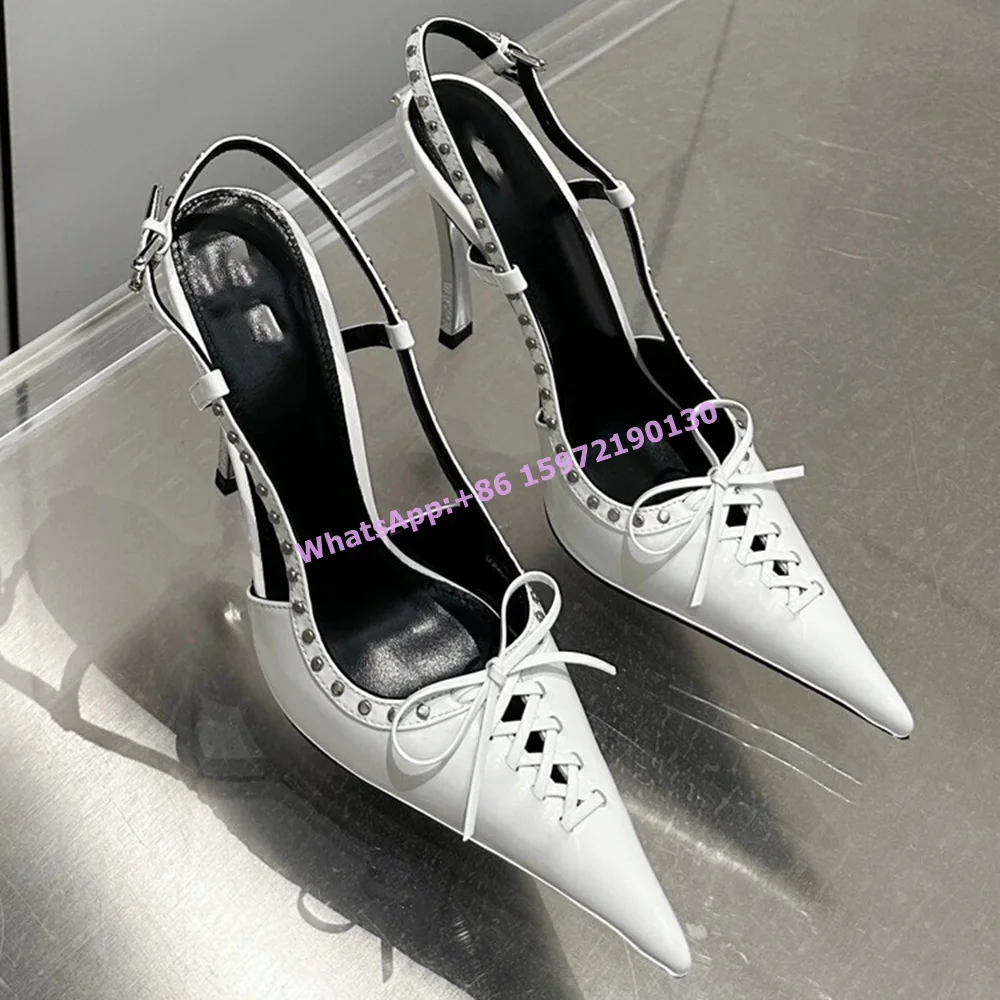 

Rivet Hollow Cross Tied Bows Sandals Pointy Toe Thin Heels Buckle Strap Black White Shoes Women's Slingback Sexy Fashion Shoes