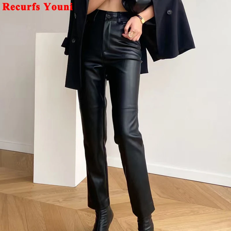 Women Leather Tight Trousers New Minimalist High Waisted Diagonal Pocket Long Pants Slim Straight Tube Pantalones Customer Color