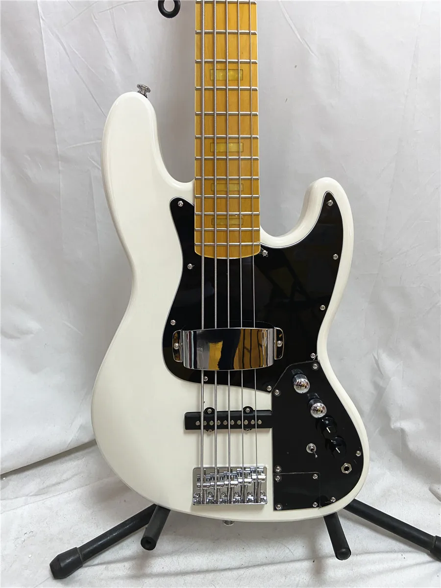 Classic vintage cream white 5-string electric bass maple xylophone neck black guard free shipping