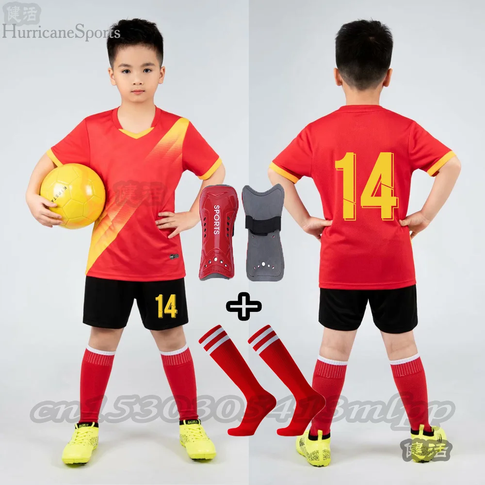 

Customize Boys Football Jersey Sets+Socks+Shin Pads Child Soccer Sports Uniforms Kids Sportswear Kits children's football suit