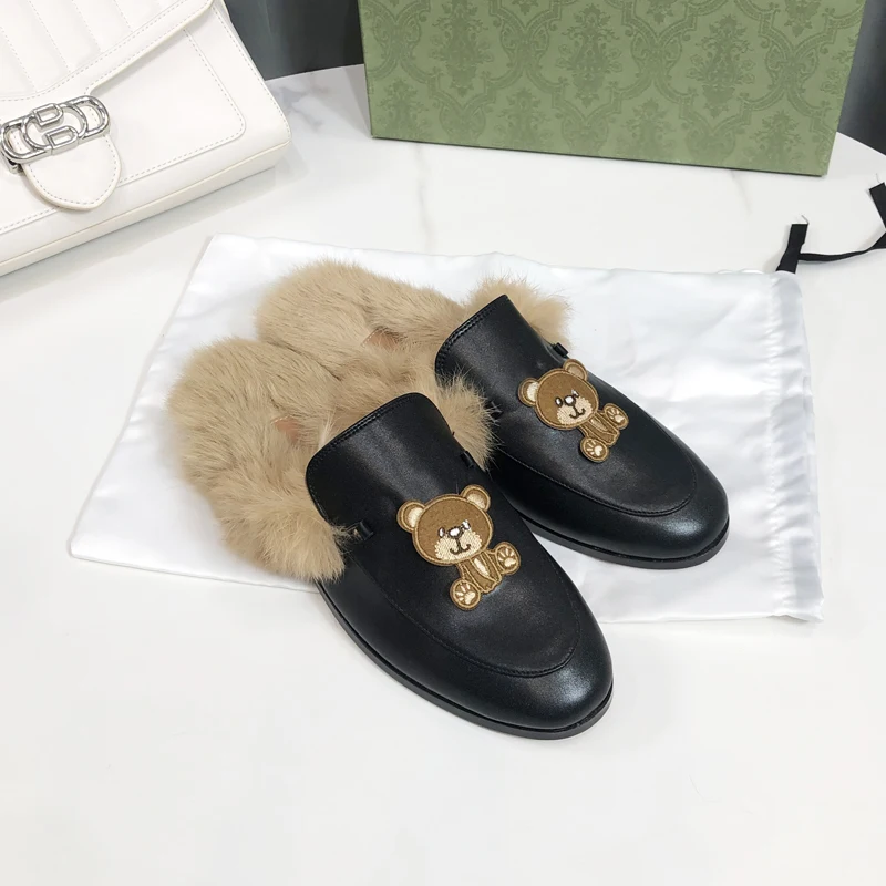 Real Fur Mullers Sandals New Slippers Women Summer leather Furry Flat Shoes Backless Slip on Loafers Ladies Outdoor Slides