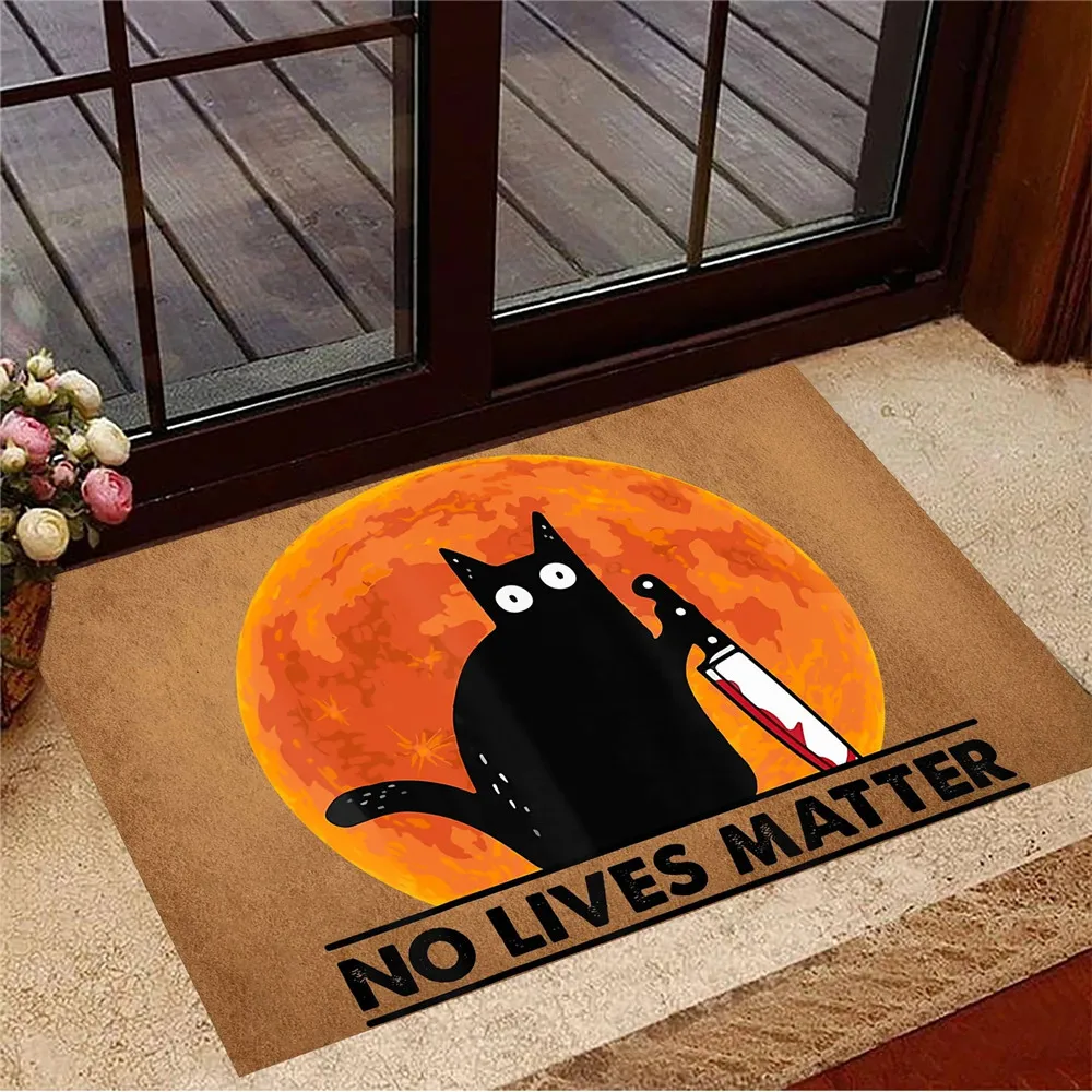 

HX Horror Floor Mats Black Cat With Blood Knife No Lives Matter Doormat Cartoon 3D Print Indoor Carpets Halloween Home Decor