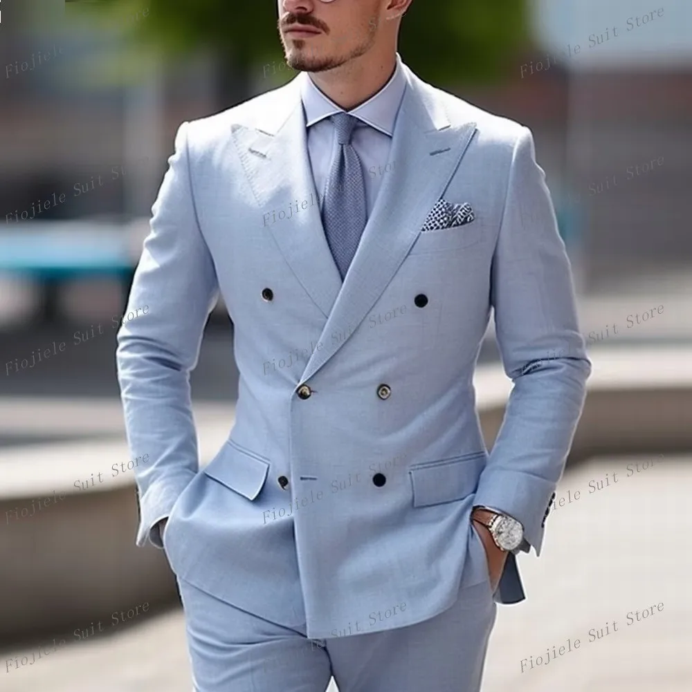 

New Sky Blue Men Suit Formal Occasions Business Prom Groom Groomsman Wedding Party Male Tuxedos 2 Piece Set Blazer Pants