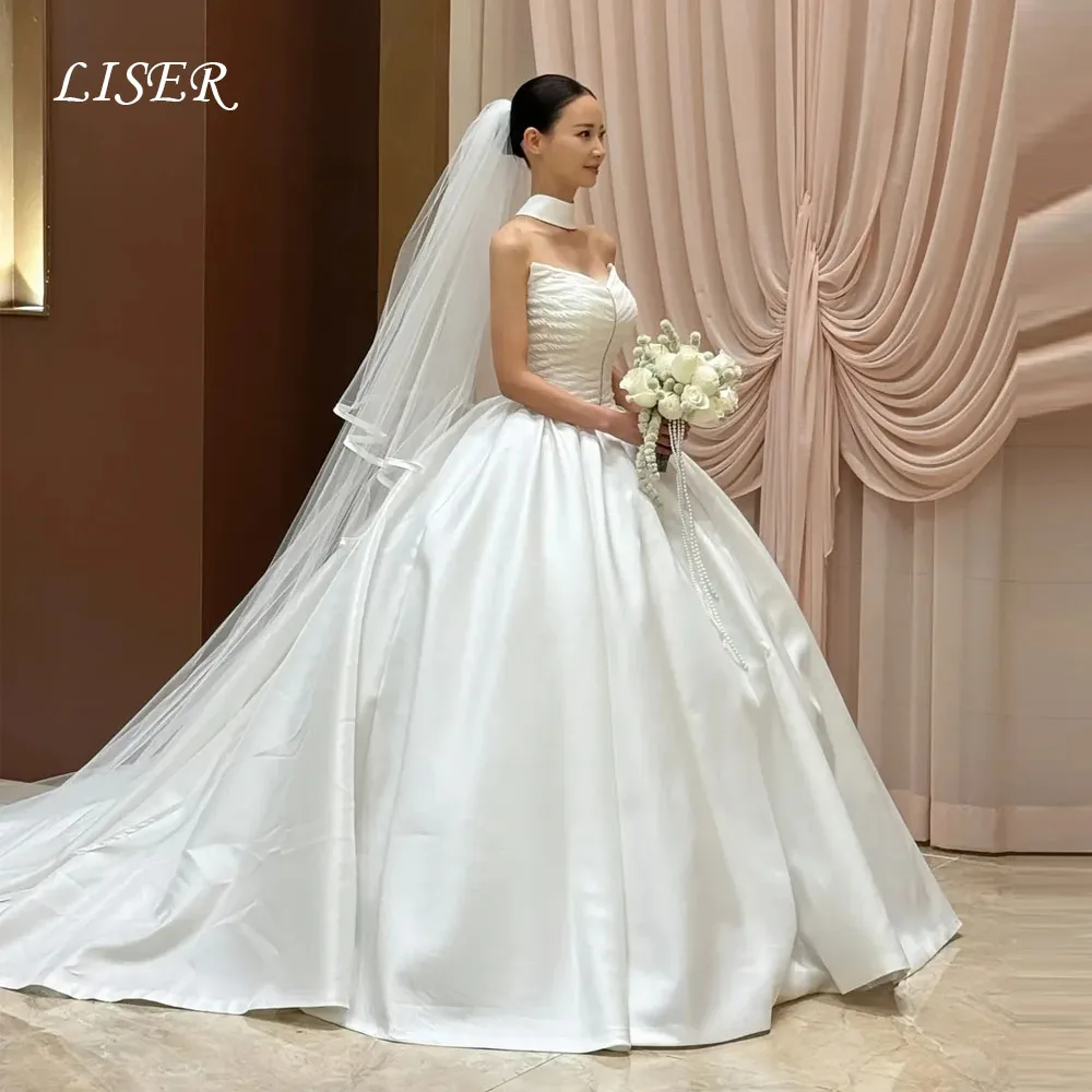 Liser Sweetheart Modern A-Line Korea Wedding Dresses Photo Shoot Silk Satin Elegant Bridal Gown 저녁 드레스 Customized Corset