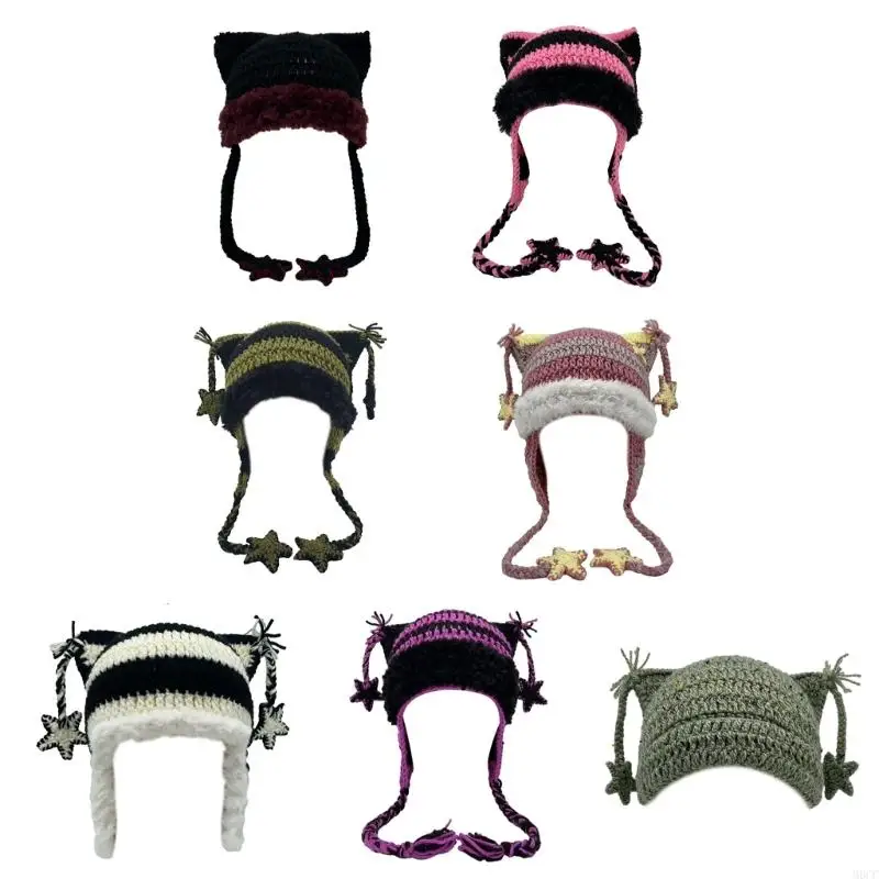 

M6CC Girls Kitten Hat Y2K Ears Hat Striped Kitten Gifts Warm Winter Hat