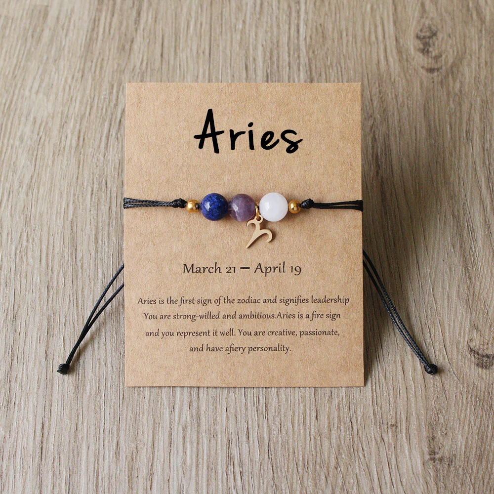 Handgefertigtes 12-Sternzeichen-Naturstein-Charm-Armband für Damen und Herren, geflochtenes Kartenpapier-Armband, Löwe, Jungfrau, Waage, Geschenk, verstellbar – Detail 8