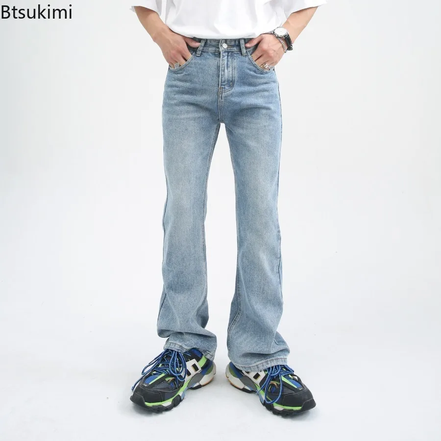 New Men's High Street Hip Hop Jeans Spring Autumn Casual Small Flare Pants Korean Style Male Vintage Denim Trousers Streetwear