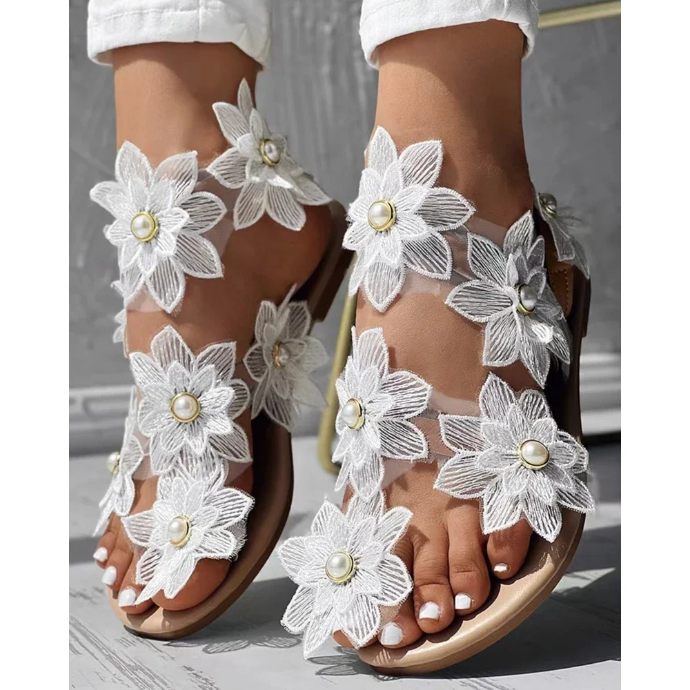 Outdoor Summer Fashion Women Toe Ring Flower Design Flat Sandals Going Out Pink Shoes Ankle Strap Casual Elegant Sandals