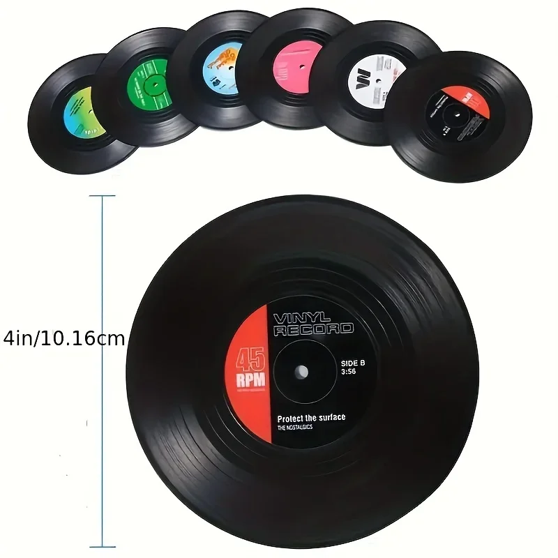 6 vinyl record coasters, creative retro classic nostalgic rock CD anti slip insulation pads, desktop decoration
