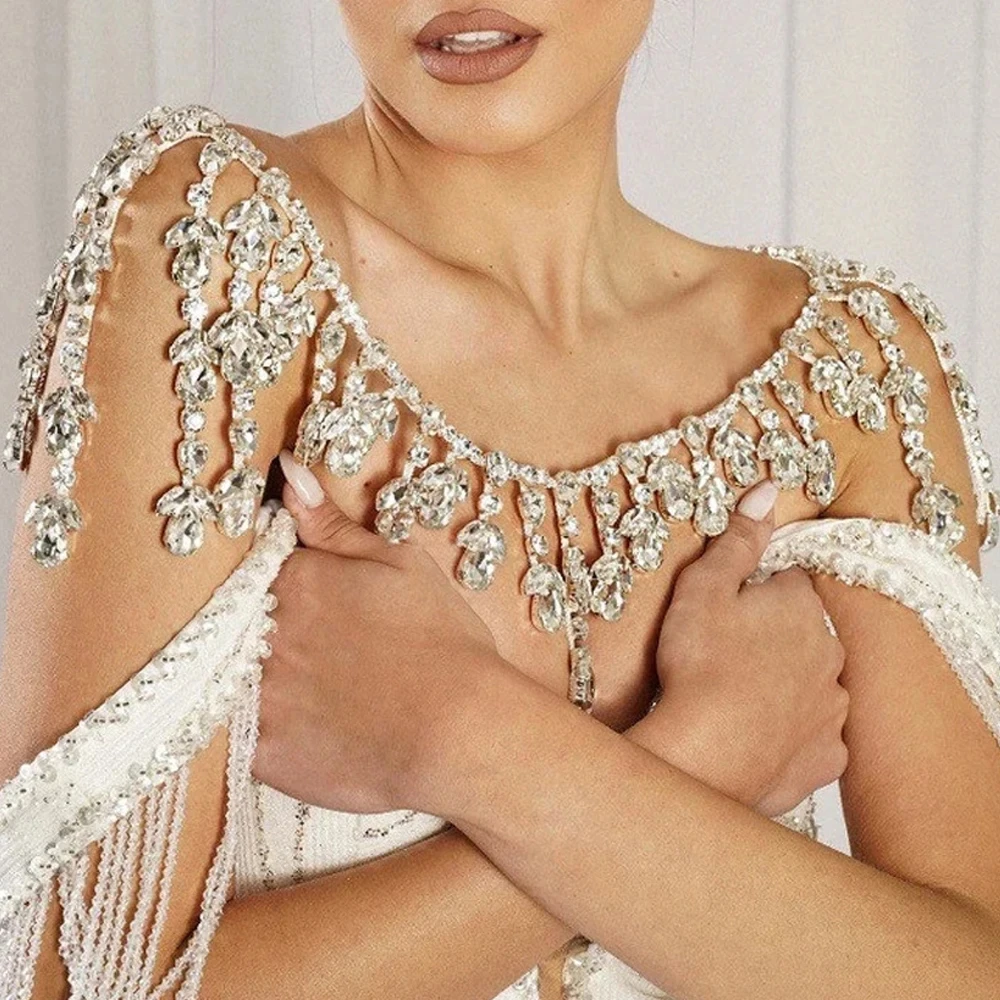 2024 Elegant Bridal Tassel Shoulder Chain Pendant Banquet Decoration Boho Design Rhinestone Shoulder Jewelry Dress for Women