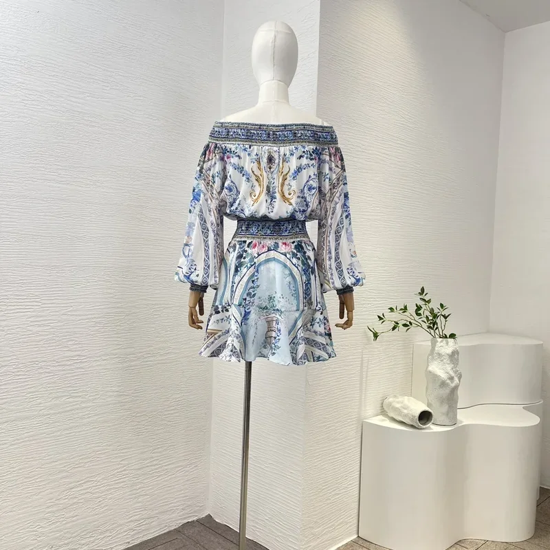 Silk 2024 New Blue Porcelain print off the shoulder shirred mini dress lantern sleeve top quality women fashion clothing