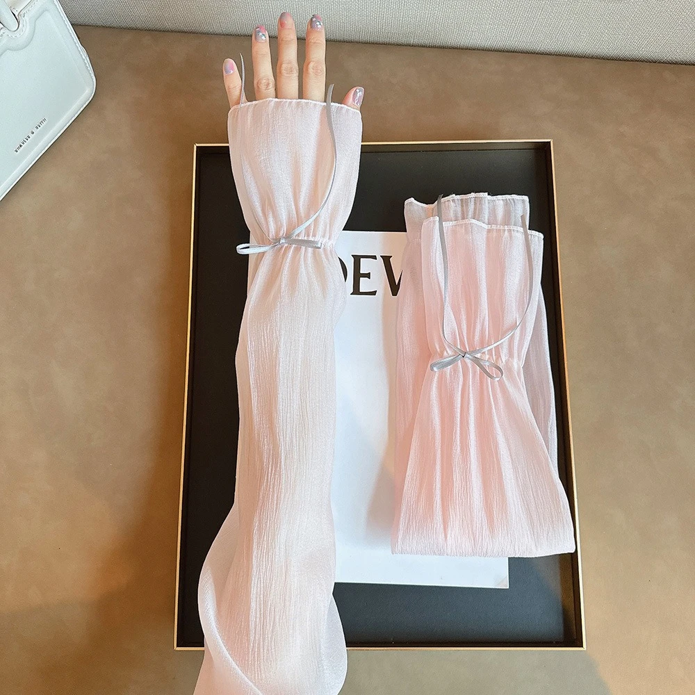 2pcs/set Sun Protection Bow Gauze Sleeves Thin Polyester Breathable Long Arm Sleeves Silk Ribbon Fingerless