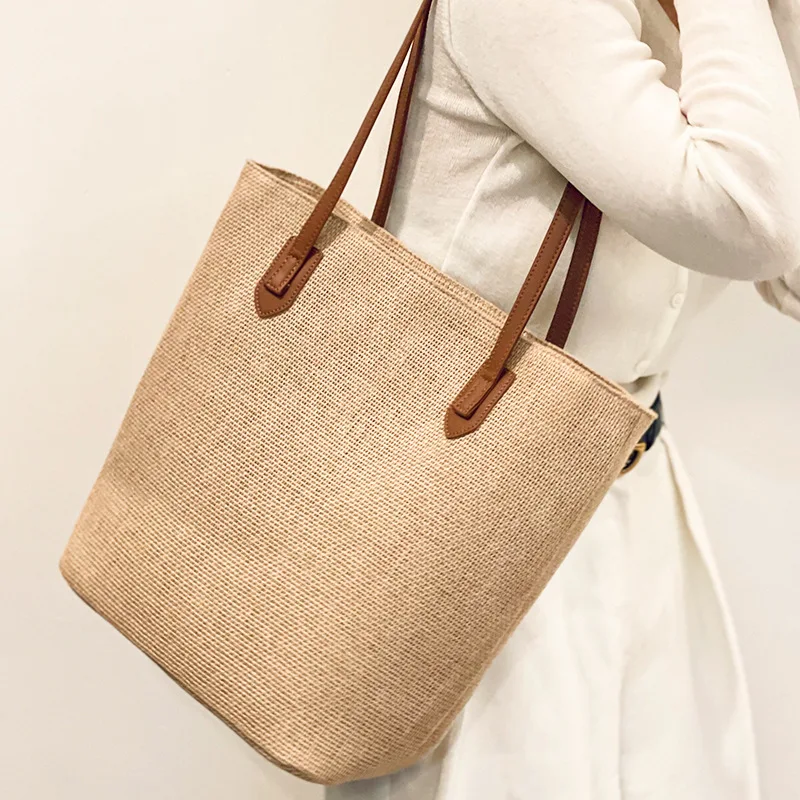 2022 Summer Linen Straw Bag Women's New Leather Handle Large Capacity Women's Bag Straw Bag All-Match Seaside Holiday Beach Bag