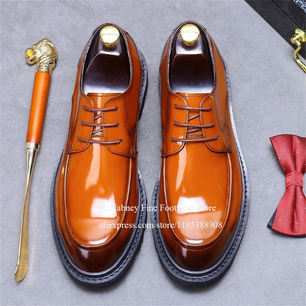 

Patent Leather Lace up Men Derby Shoes Round Toe Glossy Black Brown Leather Men Casual Shoes Stitching Business Wedding Formal