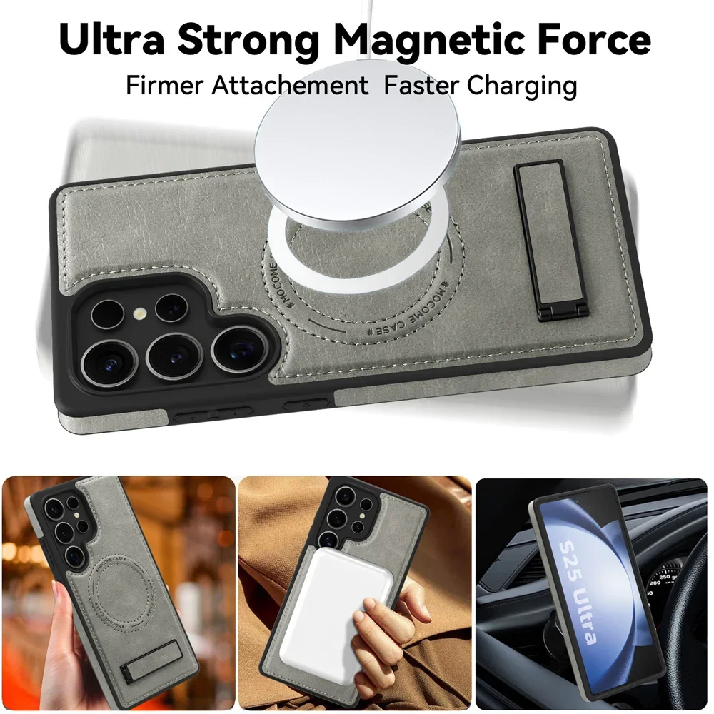 Business Leather Stand Holder Magnetic Case For Samsung S25 S26 S23 S24 Ultra Plus S24FE for Magsafe Wireless Charging Cover