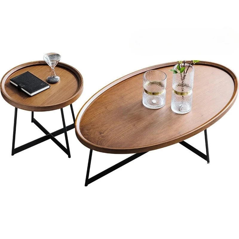 

Nordic medieval solid wood coffee table household creative oval coffee table