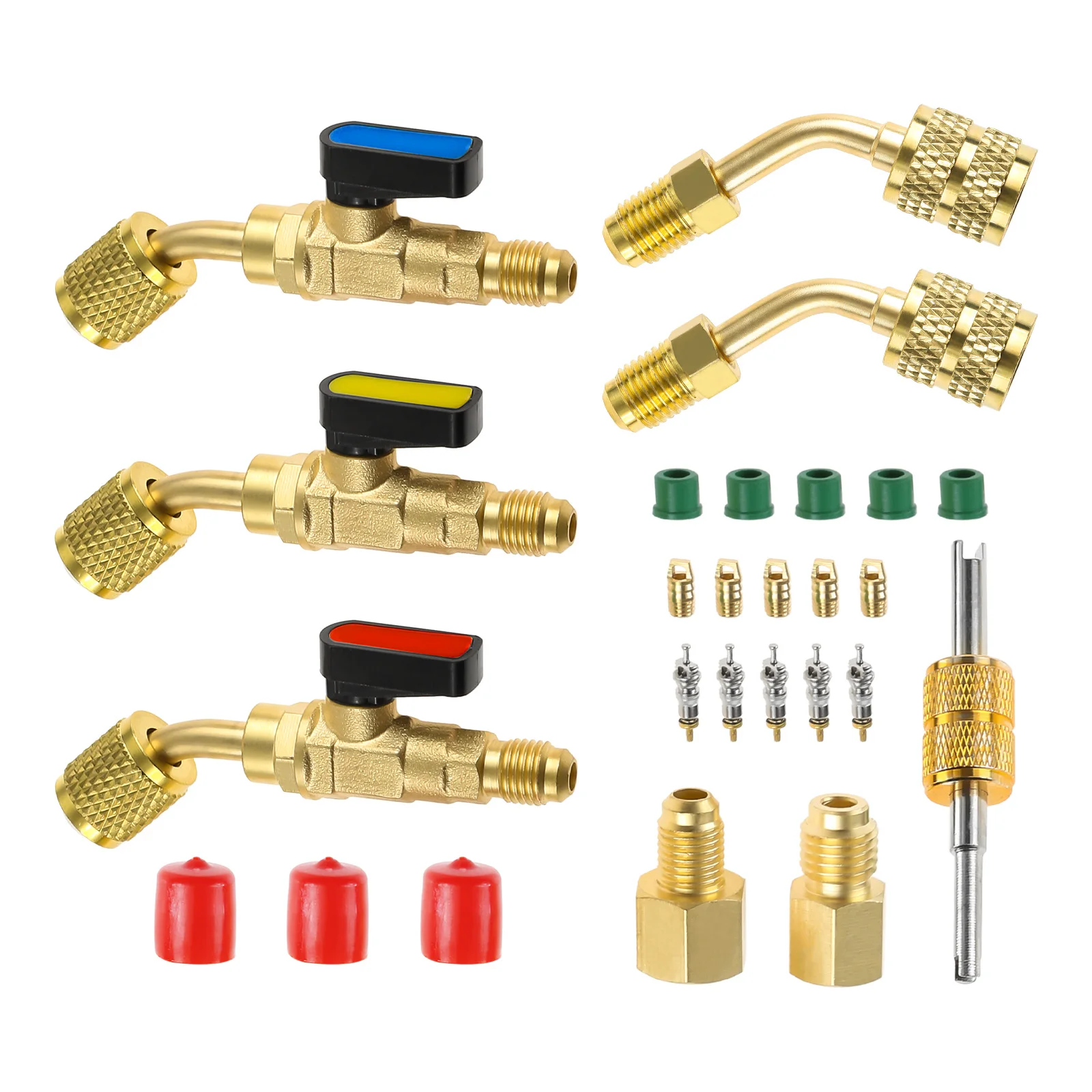 

28pcs/kit AC HVAC Angled Ball Valve 1/4" SAE Brass Adapter Thimble Hose Gasket Valves Core Remover for R410A R134A R12 R22