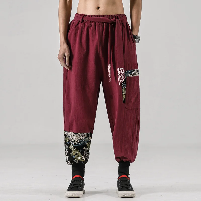 

Japanese kimono Men Cotton Linen Samurai Costume Print Belt Retro Pants Haori Trousers Harajuku Hip Hop