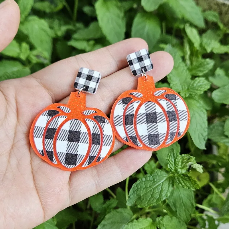 Cute Cartoon BOO White Ghost Halloween Earrings For Women All Saints\' Day Plaid Pumpkin Acrylic Drop Earring Party