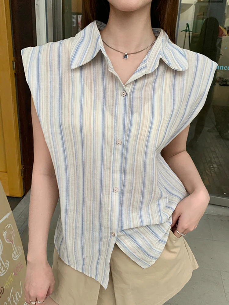 Women Vintage Striped Shirt Casual Korean Sleeveless Retro Sweet Blouse Summer Turn Down Collar Female Simple Design Tops