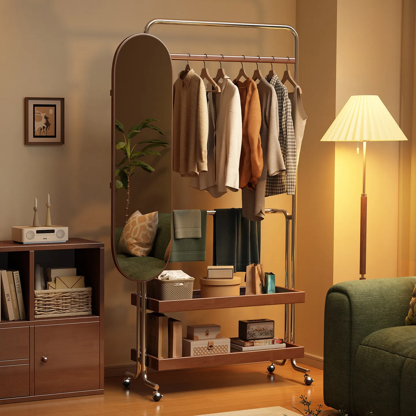 Solid wood movable floor coat rack, storage rack, small apartment with pulley metal full-length mirror, integrated hanger
