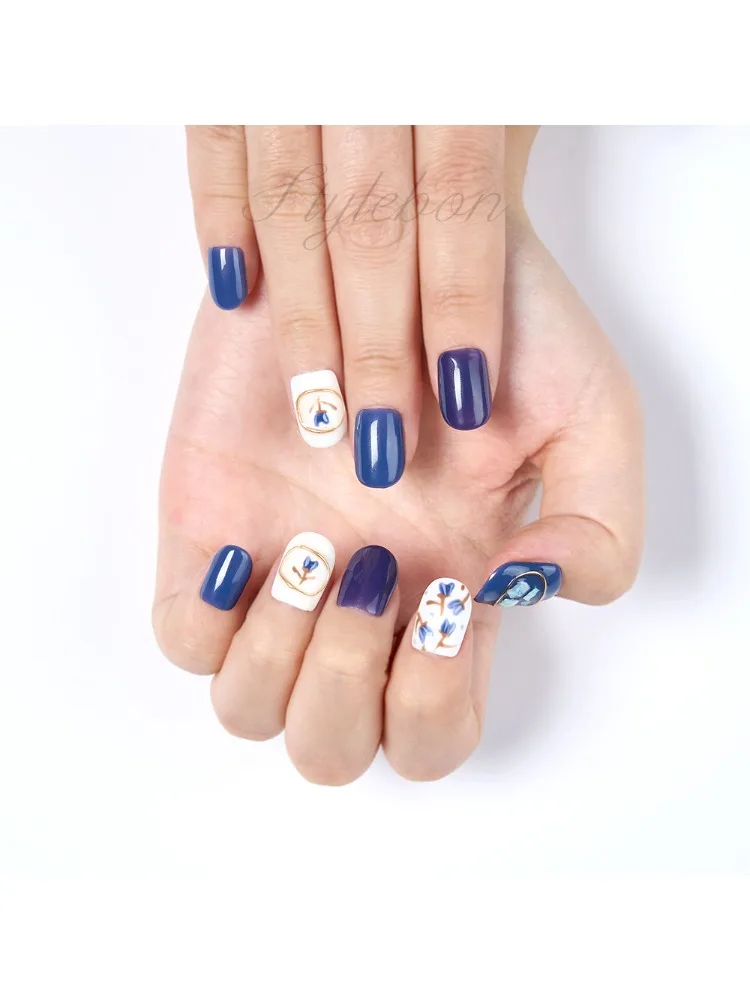 Faux ongles en acrylique à couverture complète, embouts à coller, presse ronde courte, tulipe bleue faite à la main, N64.avec colle