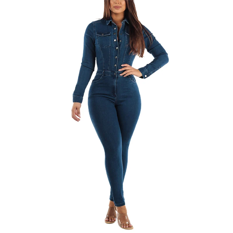 

Autumn Winter Lapel Multiple Pocket Button Half-open Denim Jumpsuit Women's Slim Fit Stretch Pencil Jeans Female Casual Rompers