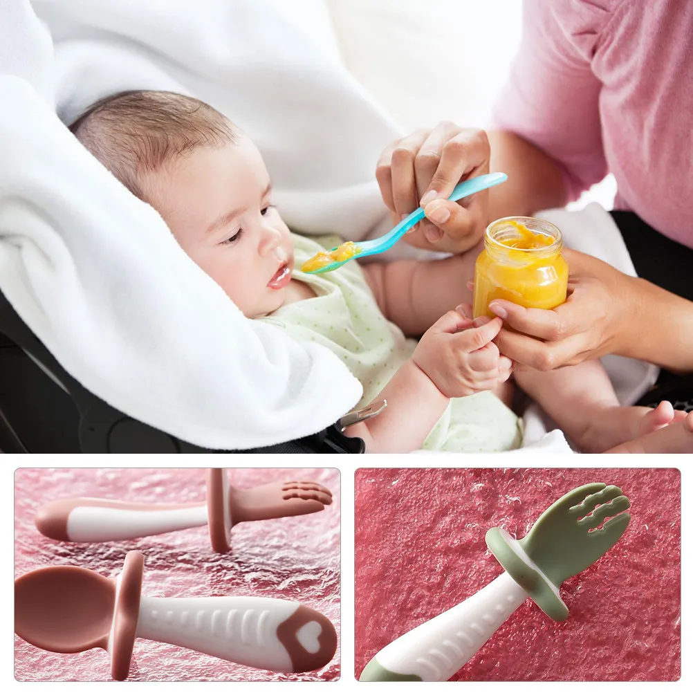 1Set Baby Training Silicone Spoon and Fork Soft Head Short Handle Lightweight Portable Baby Feeding Tableware Kid Dining