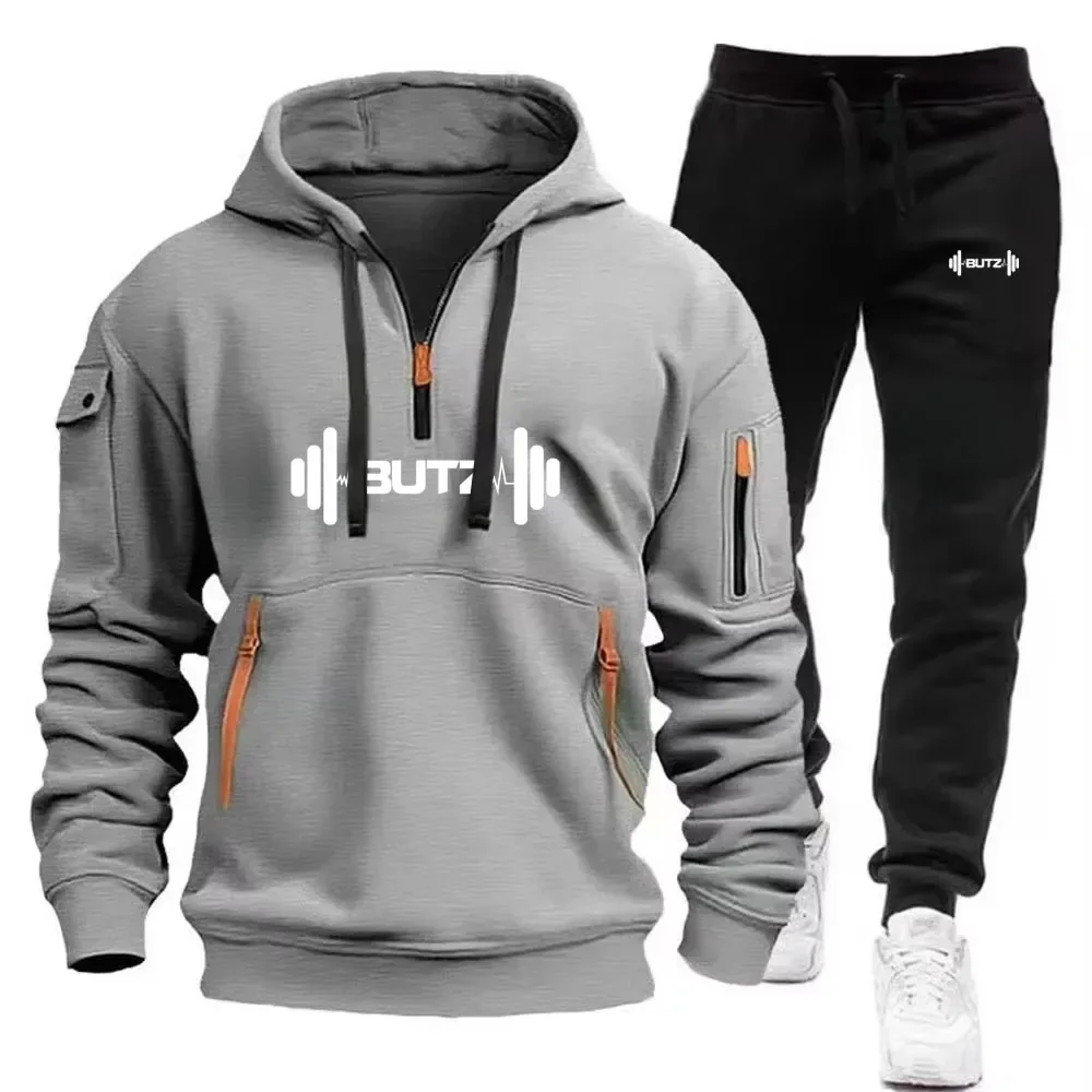 

Men's new 2026 Spring/Autumn casual sports hoodie set, fashionable multi-pocket jogging men's pullover and pants 2-piece set