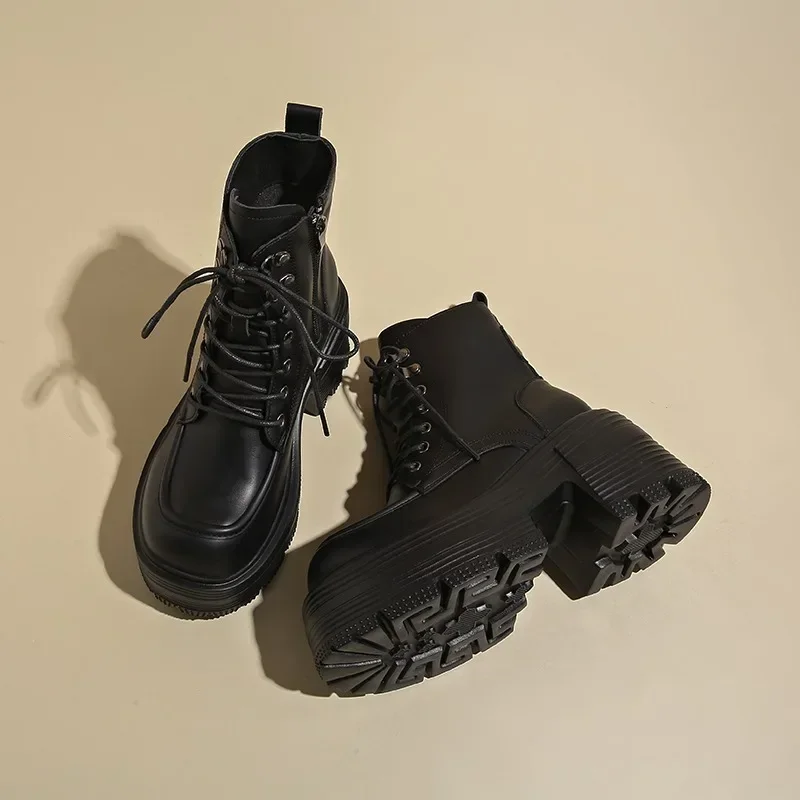 9CM Autumn Fashion Thick soled shoes for Women Winter 2024 Warm Versatile Height increasing Ankle Boots High top Leather shoes image 2