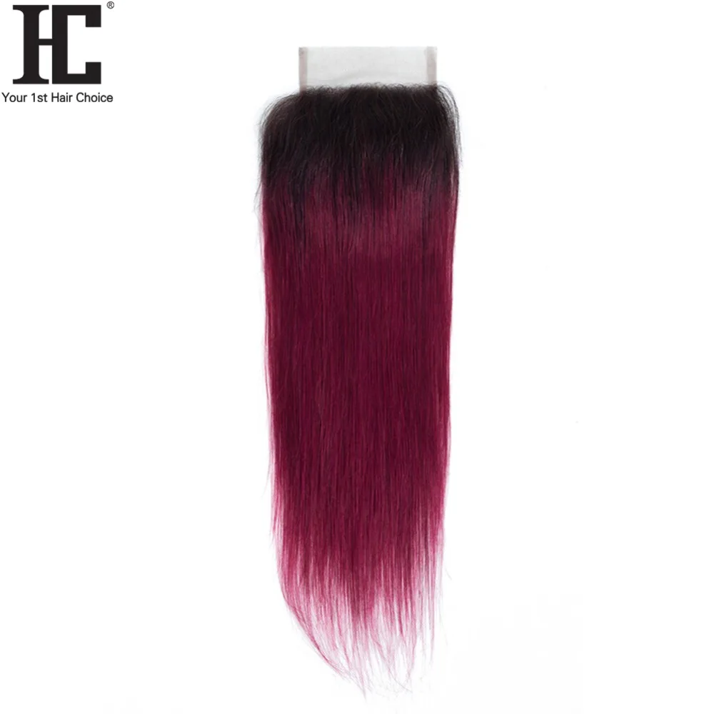 HC Ombre บราซิลผมสาน3ชุดกับ4X4สีแดง1B/Burgundy Remy ผมตรงรวมกลุ่มกับลูกไม้ปิด