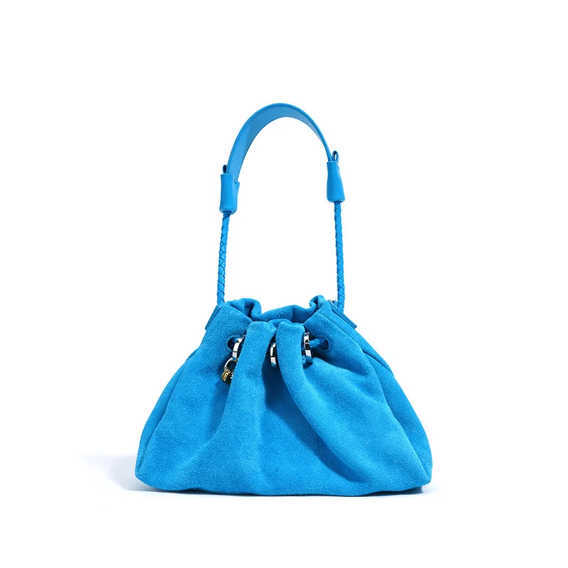 Designer-Umhängetasche aus Rindsleder und Wildleder, Glückshandtasche aus echtem Leder mit Kordelzug, lässige Cloud-Plissee-Umhängetasche für Damen – Detail 15