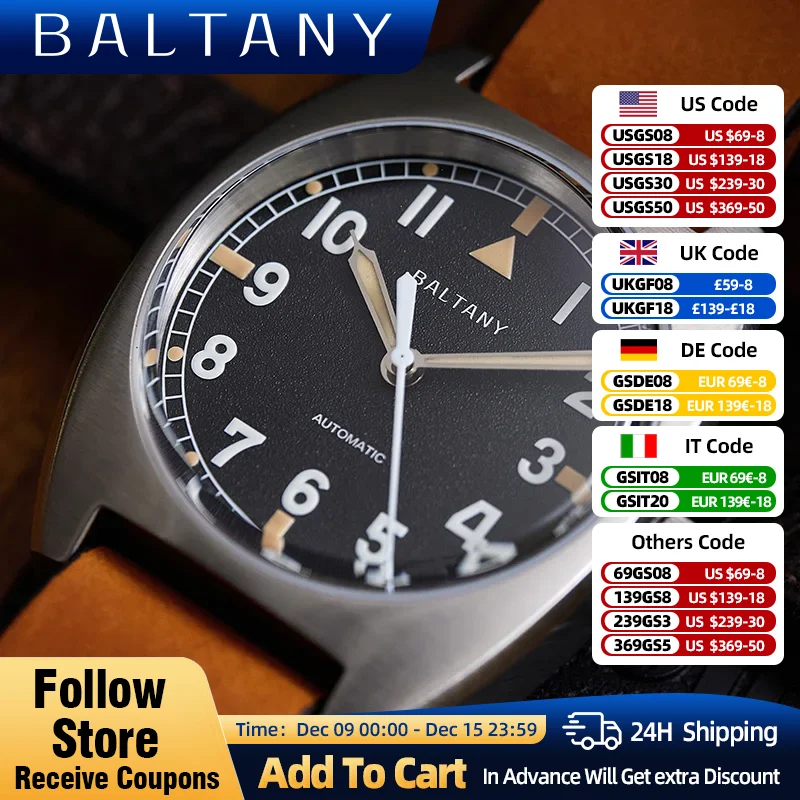 Baltany W10 Military Watch 100m Waterproof Super Luminous 39MM Stainless Sapphire Glass Luxury Retro Sports Men\'s Watches