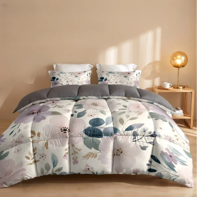 All‑Season Floral Print Quilt Core Thermal Lock Breathable Comfy Soft Quilts Hotel Machine Washable Grid‑Quilted Duvet Insert