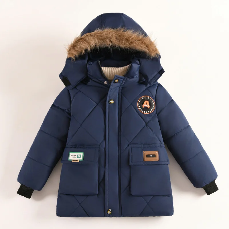 -30℃ Winter Boys Thick Jackets Kids Fleece Line Warm Coats Teen Fur Collar Hooded Long Parka Snowsuit Cold Outerwear 4-10 Years