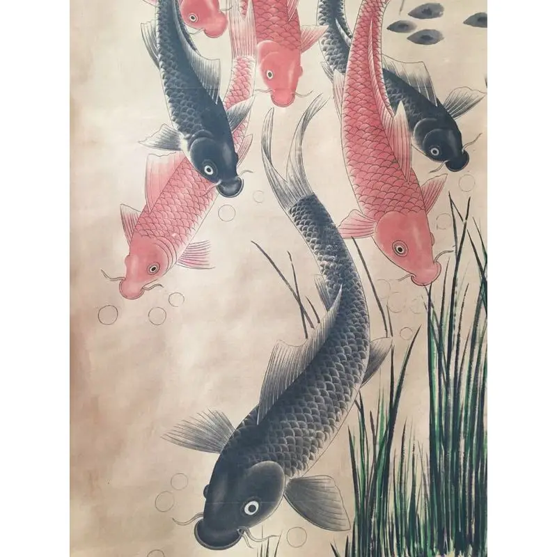 miscellaneous items, calligraphy , mid-hall painting, distressed antique office and living room nine-fish sc