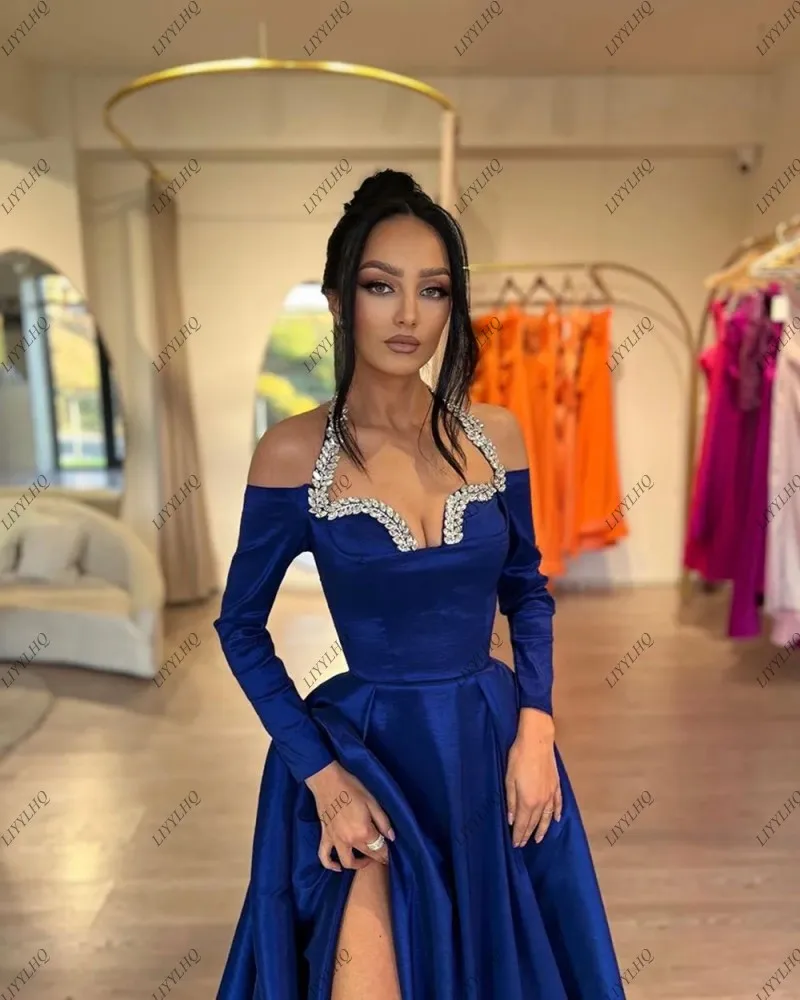 LIYYLHQ Elegant Royal Blue Evening Dresses For Women Sequins Halter Long Sleeves Split Party Prom Gowns Special Occasion Dress