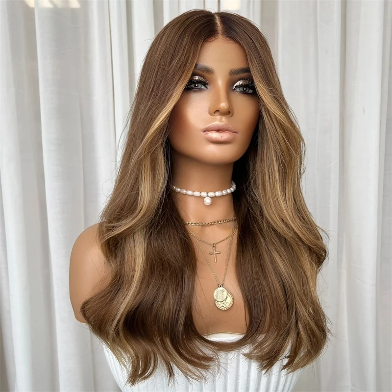 Boa qualidade ombre marrom loira peruca sintética topo hd perucas dianteiras do laço para as mulheres destaque peruca longa onda resistente ao calor fibra cabelo