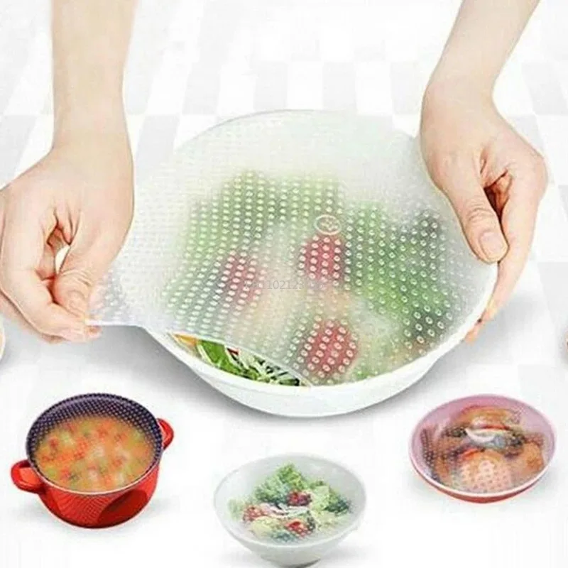 4Pcs Silicone Cling Film Reusable Multifunctional Eco Fresh Food Storage Saver Wrap Seal Cover Fresh Food Wrap Seal Kitchen Tool