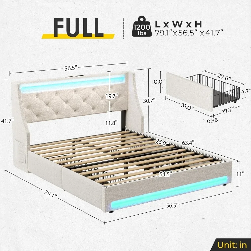 Twin-Bettgestell mit LED-Leuchten und Ladestation, gepolstertes Bett mit Schubladen, Holzlatten, geräuschfrei, einfache Montage