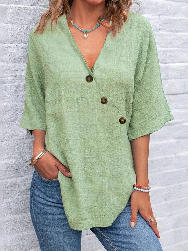 قميص نسائي جديد قميص فضفاض غير رسمي سادة موضة الصيف رقبة على شكل V أنيق بأكمام قصيرة قمصان للحفلات ملابس نسائية