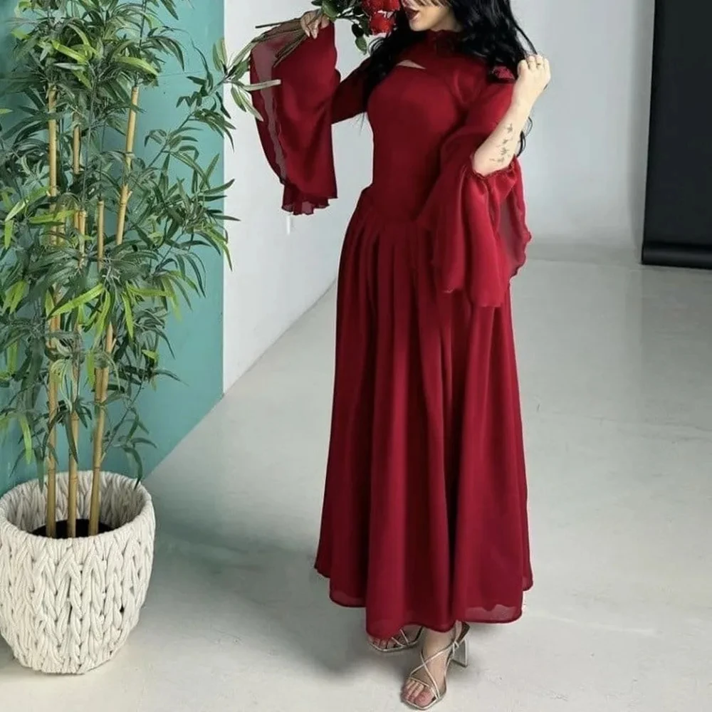 Chiffon Vintage Prom Dresses Long Red High Neck Evening Gowns Customized Wedding Dress A-Line Saudi Arabia Formal Party Dress