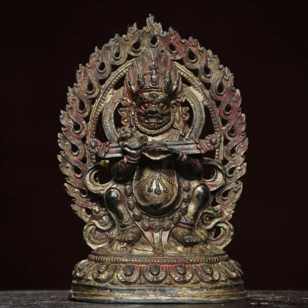 

Tibetan old brass mud gold cinnabar painted backlight big black sky black god of wealth buddha ornament home supplies 17cm