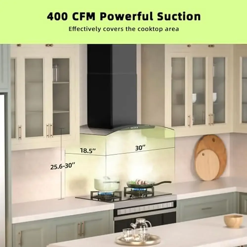 30 "حائط جبل شفاط المطبخ 400CFM 3-Speed مروحة سوداء الزجاج المقسى LED التحكم غسالة صحون مرشحات آمنة