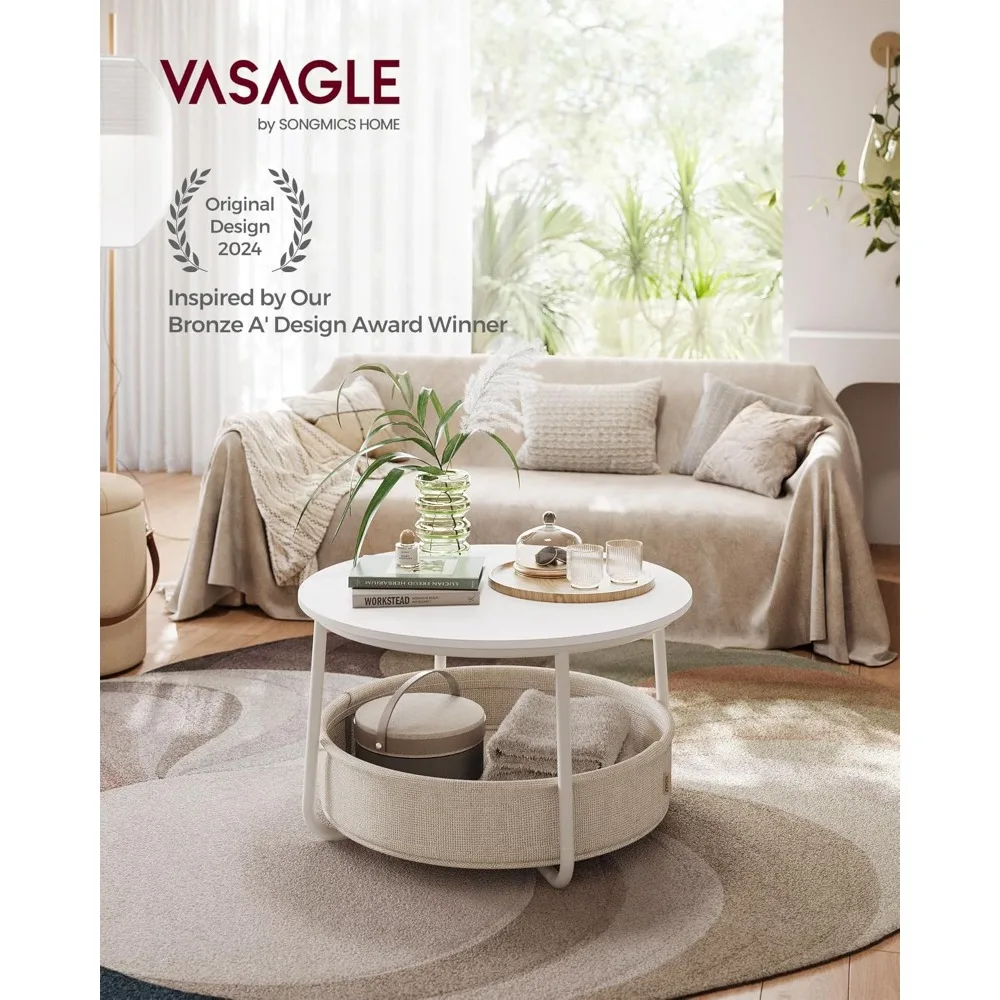 طاولة قهوة مع مساحة تخزين، طاولة مركزية مستديرة لغرفة المعيشة مع سلة قماش، طراز حديث، إطار معدني، أبيض غير لامع وكاليفورنيا