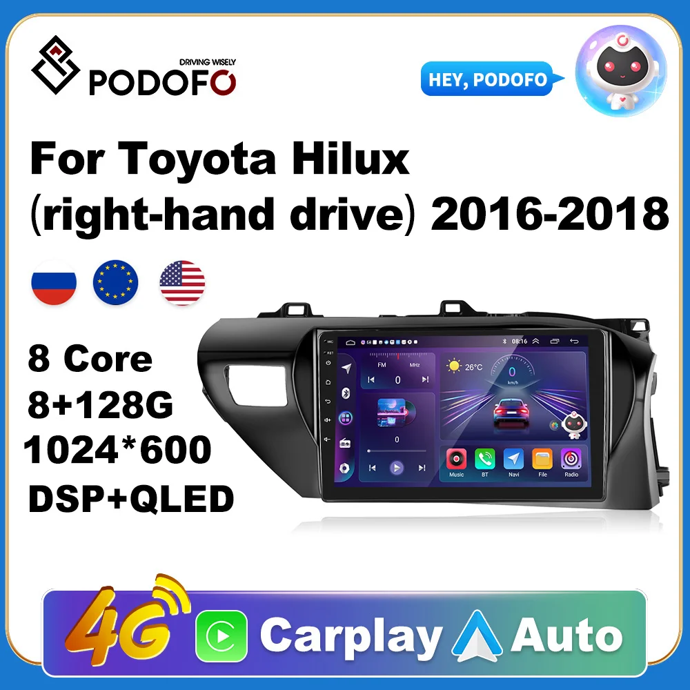 

Podofo Wireless CarPlay Andorid Auto Car Radio For Toyota Hilux 2016-2018 AI Voice Multimedia GPS 2din autoradio